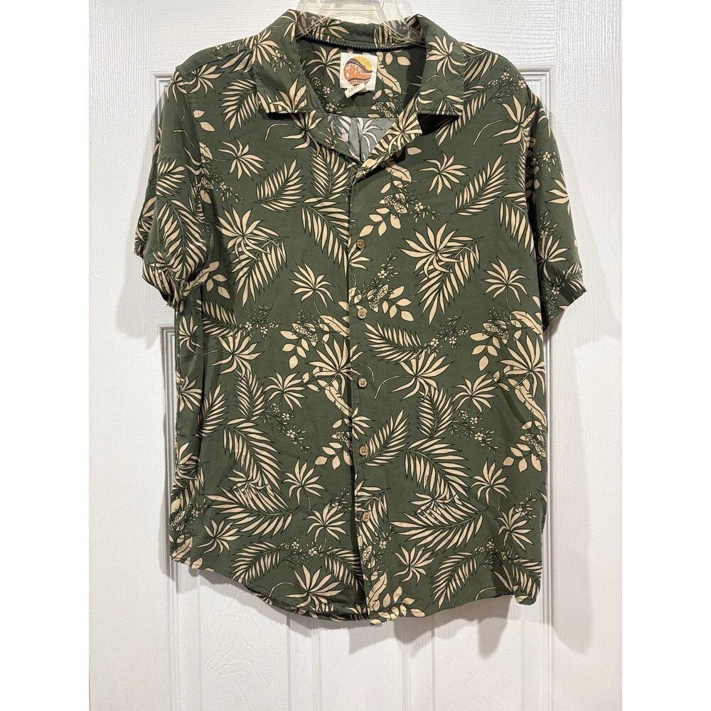 C&C California Mens M Hawaiian Shirt Olive Green Tropical Floral Camp Collar